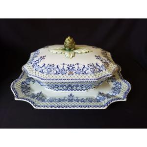Large Vegetable Dish With Its Presentation Tray In Gien. 1938