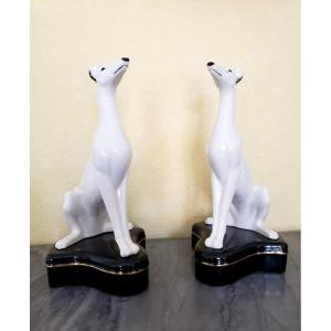 Pair Of Enamelled Porcelain Greyhounds 1940/50