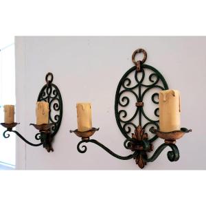 Pair Of Wrought Iron And Bronze Sconces - Green Bronze And Gold Enamelled Patina - Period 1940/50