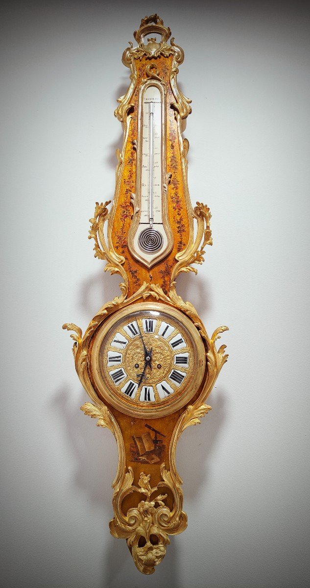 Pendule Cartel Et Thermomètre De Style Louis XV En Vernis Martin, Vers 1740