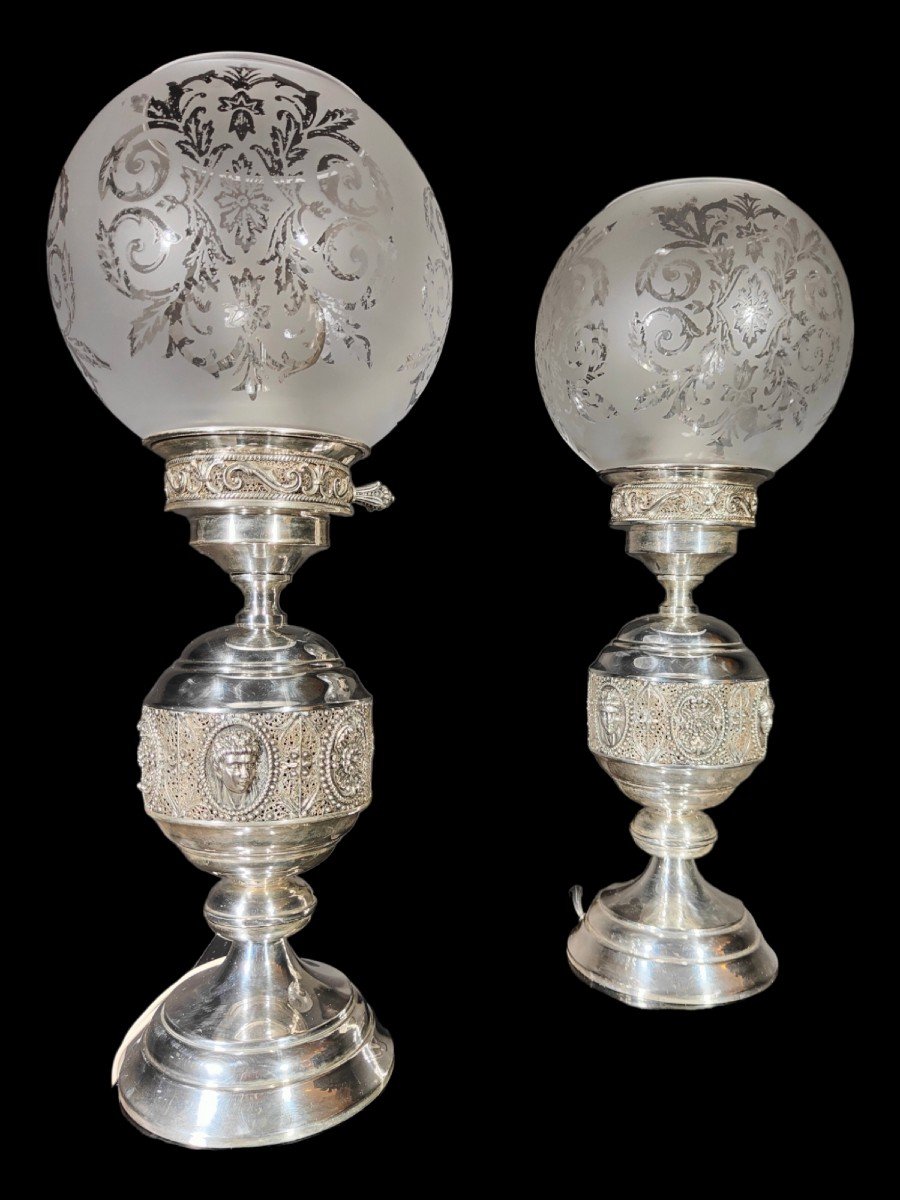 Pair Of Lamps In Sterling Silver With Filigree-photo-2