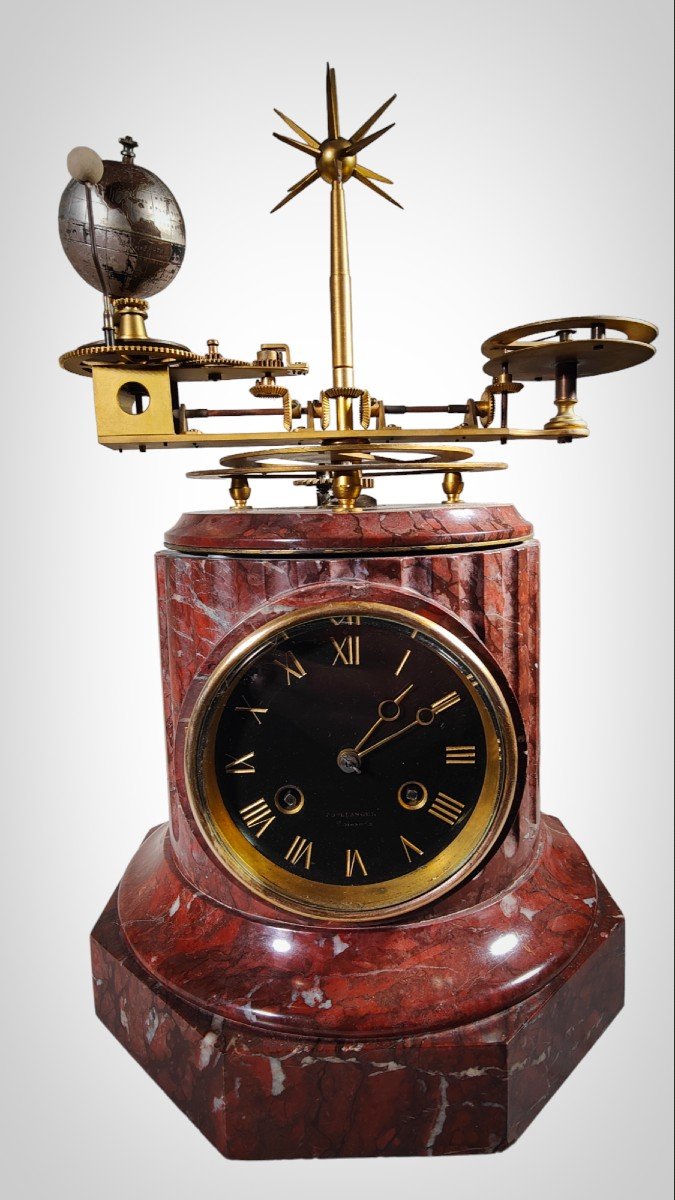 Français Horloge De Planétaire En Laiton Doré Et Marbre Tellure, Planétarium-photo-2