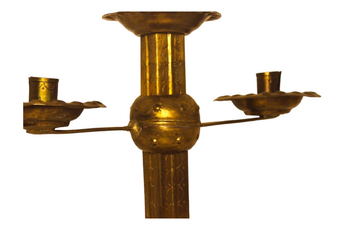 An Elegant Pair Of 19th Century Gilt Copper Candlesticks-photo-1