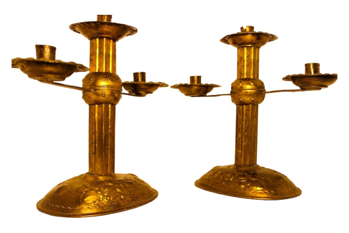 An Elegant Pair Of 19th Century Gilt Copper Candlesticks