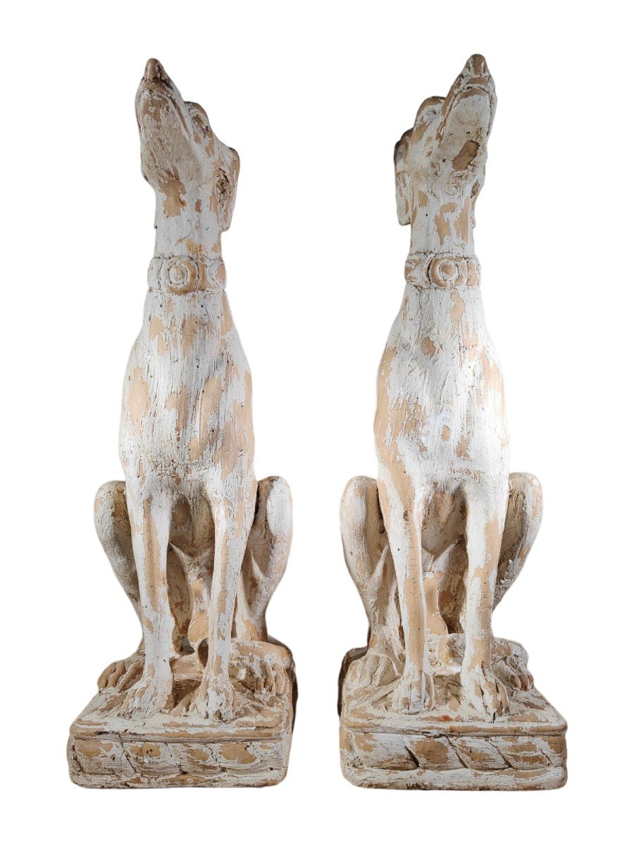 Charming Couple Of Italian Greyhounds: Decorative Statuettes In Carved Solid Wood-photo-3