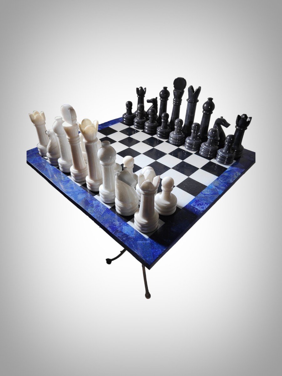 Italian Chess Table From The 1950s - Lapis Lazuli, Marble And Cast Iron In The Shape Of Dragons --photo-3