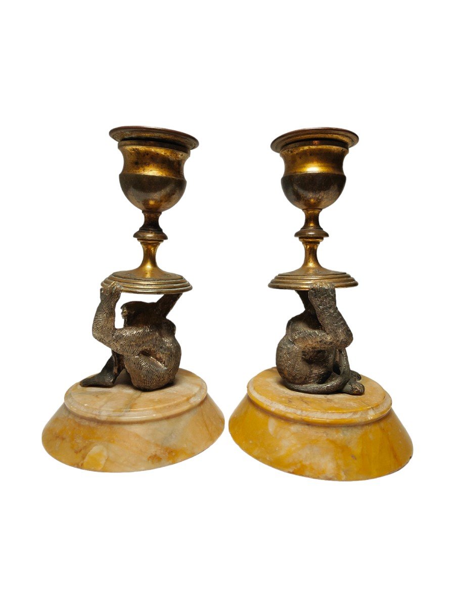 Pair Of Mini-candlesticks In The Shape Of Monkeys From The 19th Century-photo-4