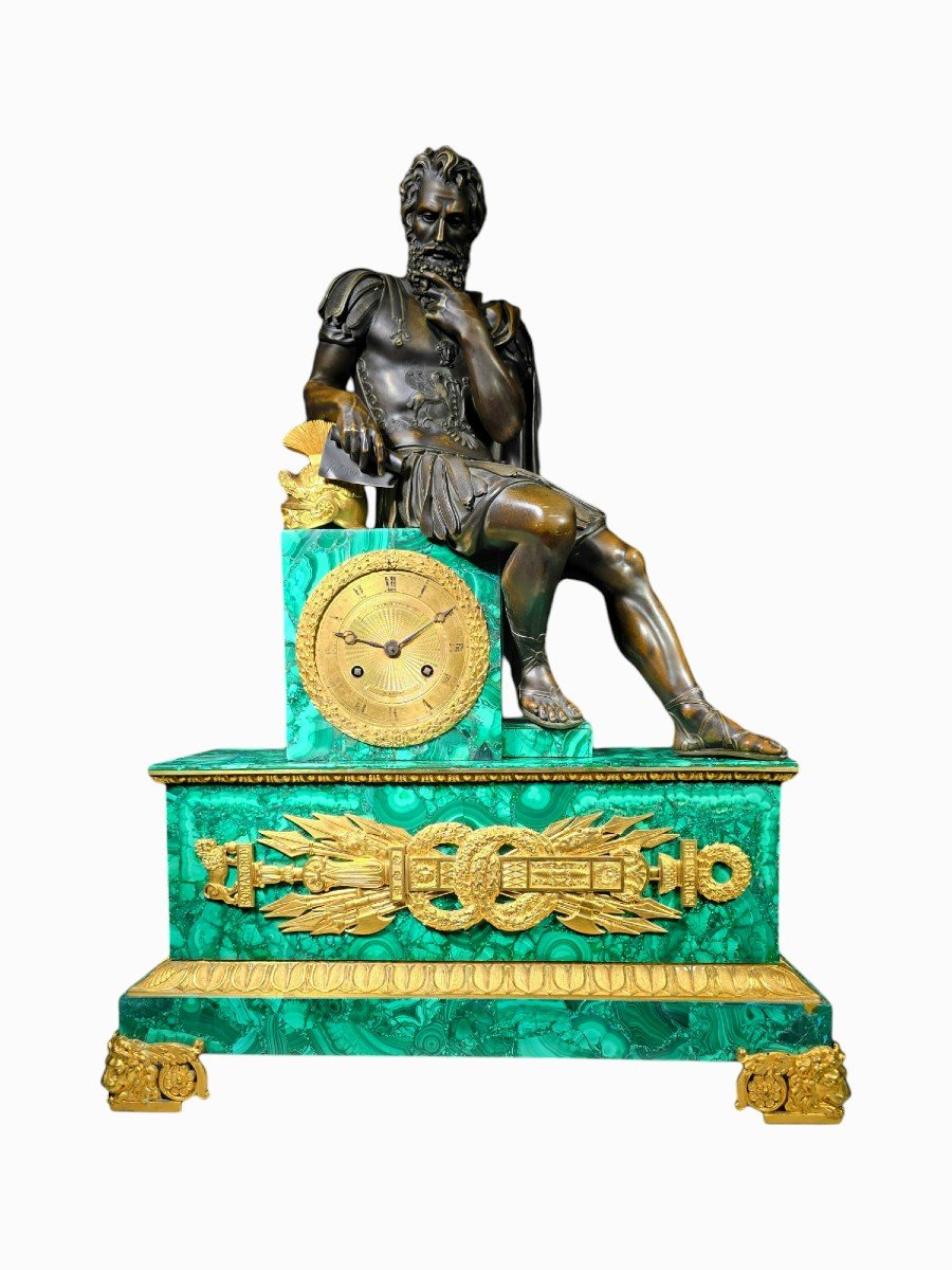 French Malachite Clock Dating From The Period Of King Charles X, Between 1820 And 1830