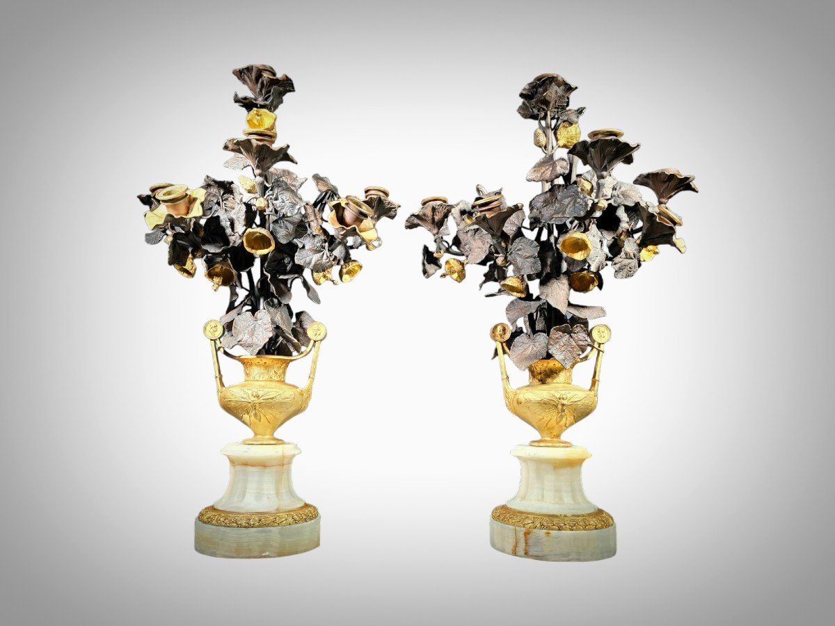 Superbes Vases En Bronze Doré Avec Fleurs, Probablement Italiens Du XIXe Siècle-photo-1