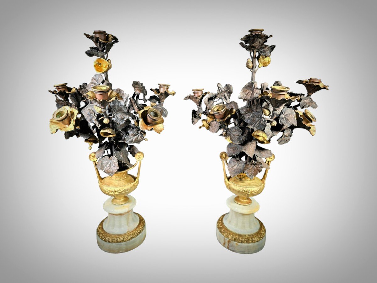 Superbes Vases En Bronze Doré Avec Fleurs, Probablement Italiens Du XIXe Siècle-photo-4