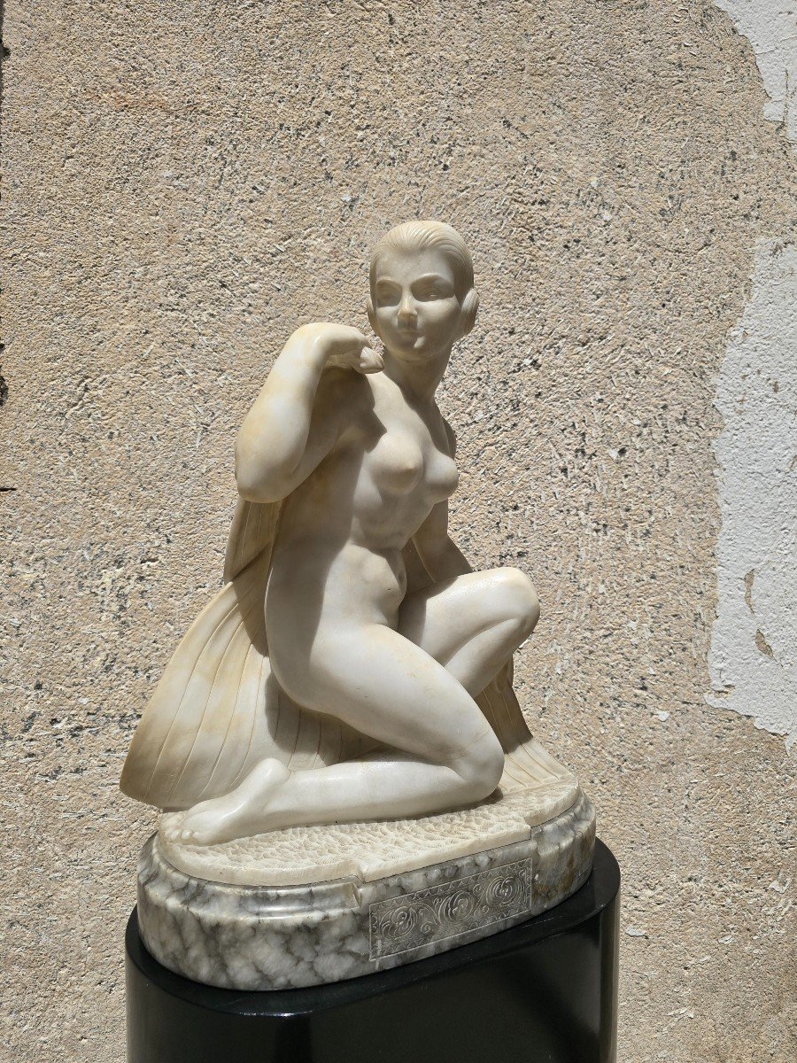 élégante Sculpture Art Déco En Albâtre Symbolisant Une Danseuse-photo-4