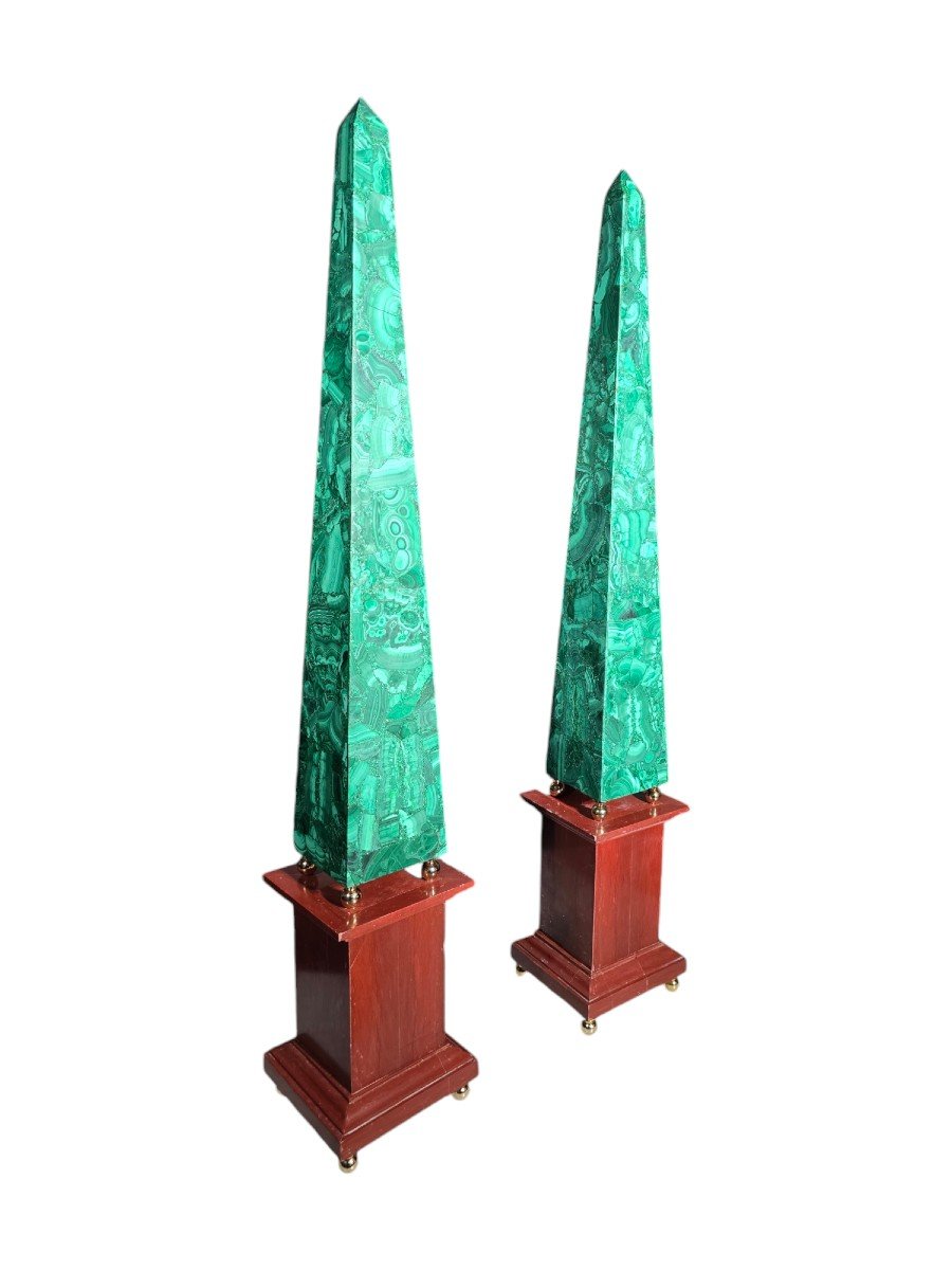 Pair Of Large Malachite Obelisks With Red Jasper Base-photo-3