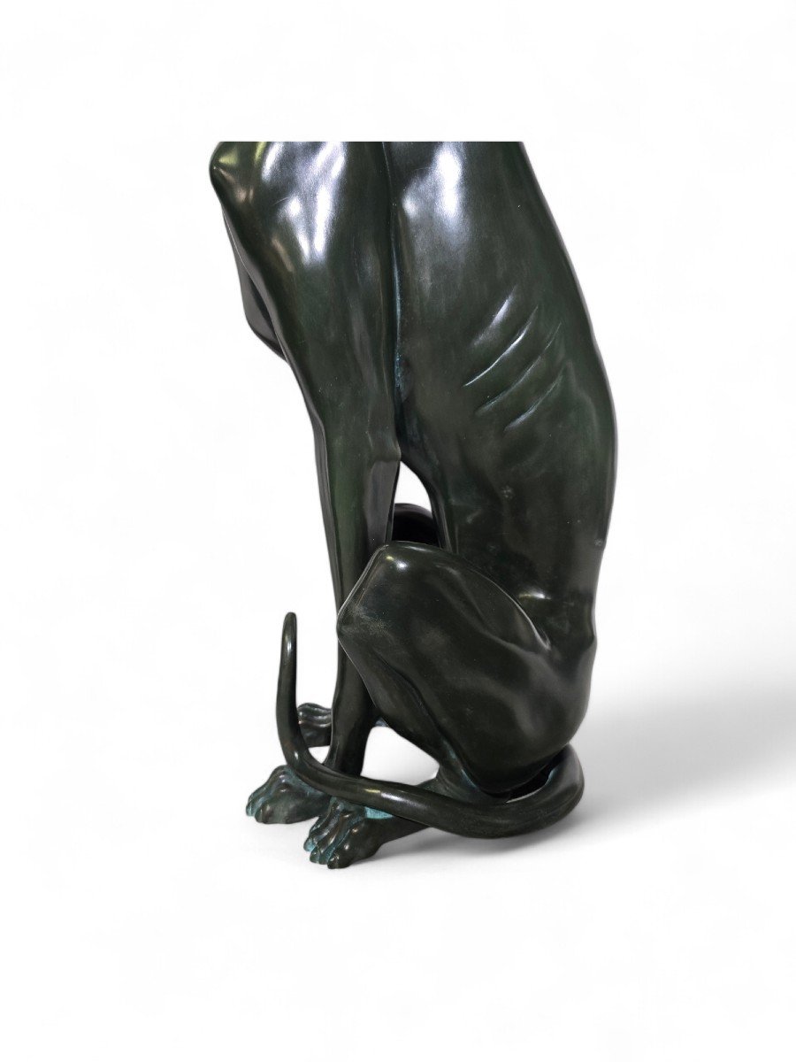 Elegant Pair Of 1950s Italian Greyhound Statues In Green Patinated Bronze-photo-2