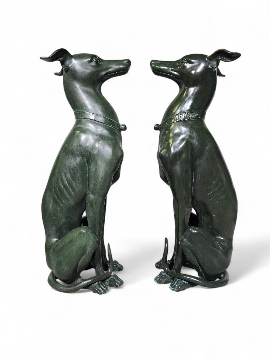 Elegant Pair Of 1950s Italian Greyhound Statues In Green Patinated Bronze-photo-4