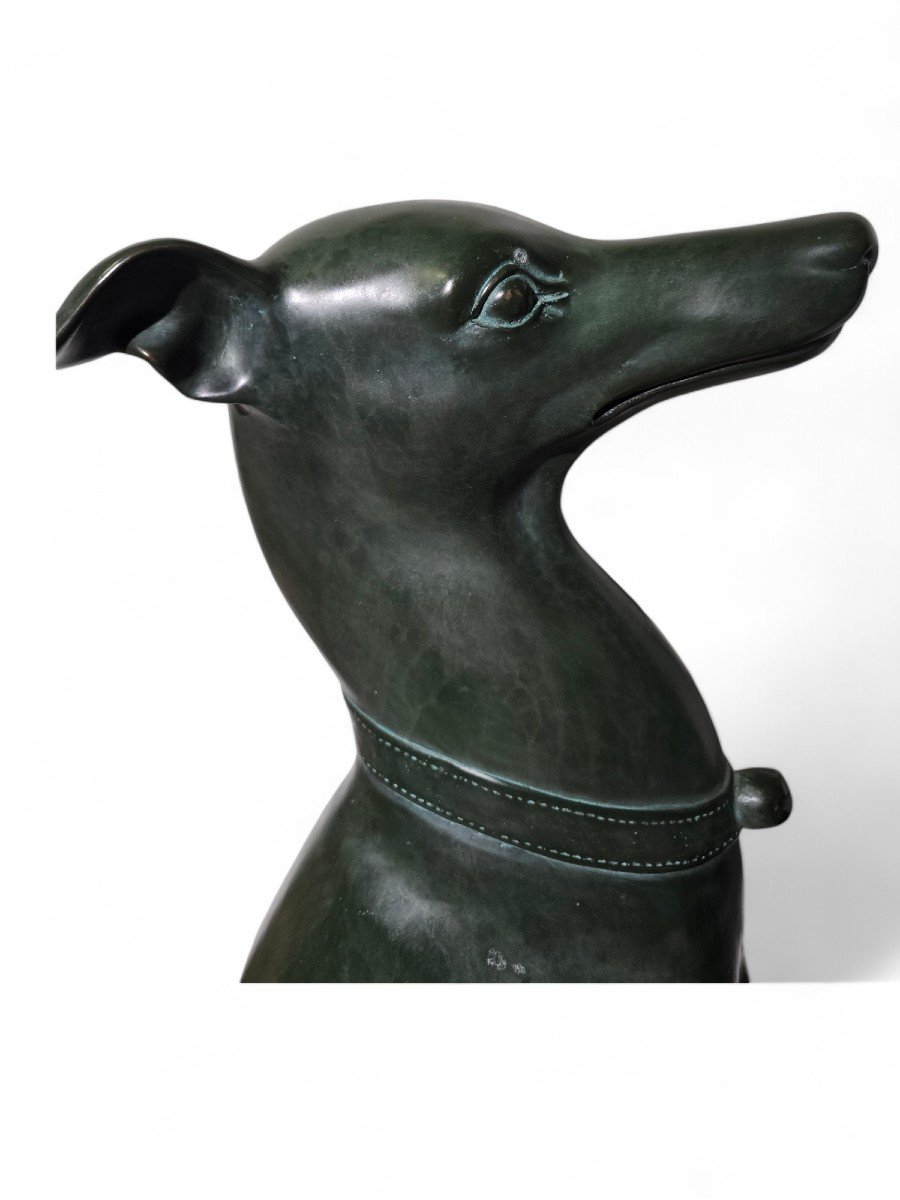 Elegant Pair Of 1950s Italian Greyhound Statues In Green Patinated Bronze-photo-1