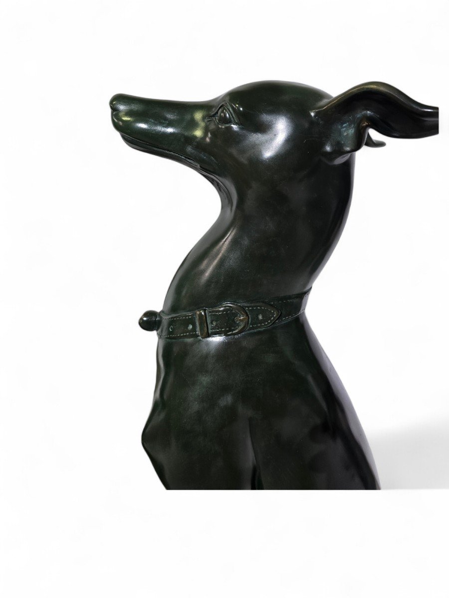 Elegant Pair Of 1950s Italian Greyhound Statues In Green Patinated Bronze-photo-2