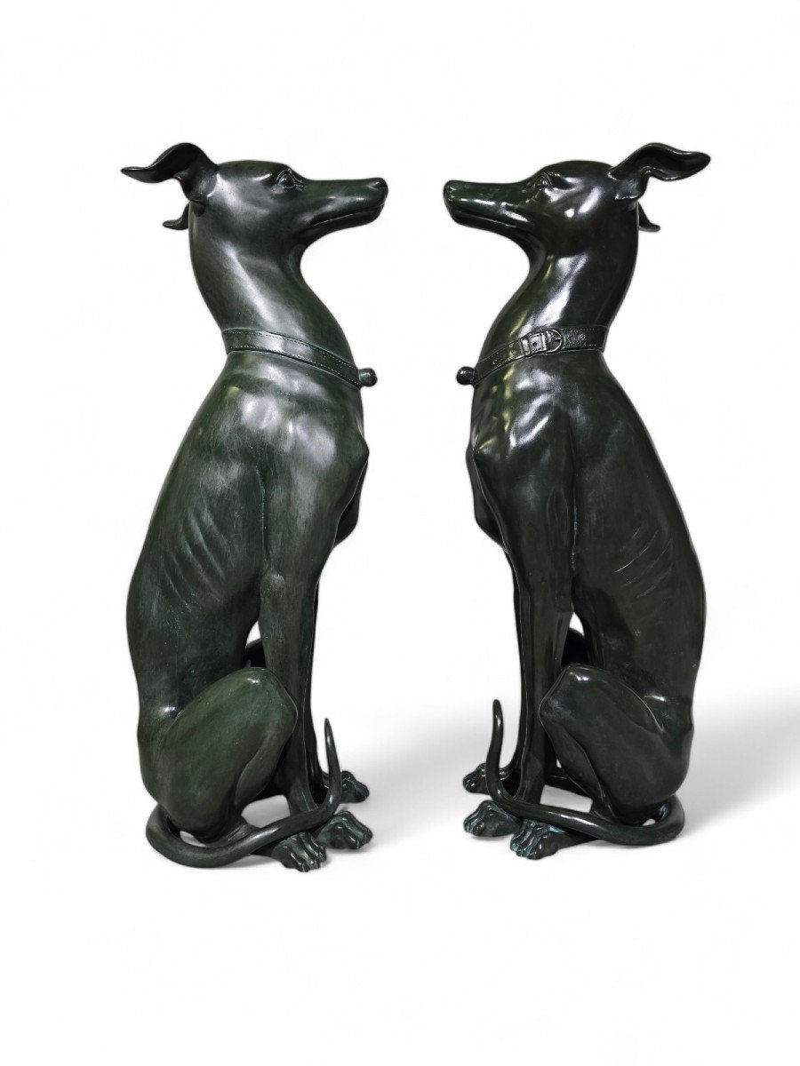 Elegant Pair Of 1950s Italian Greyhound Statues In Green Patinated Bronze-photo-3