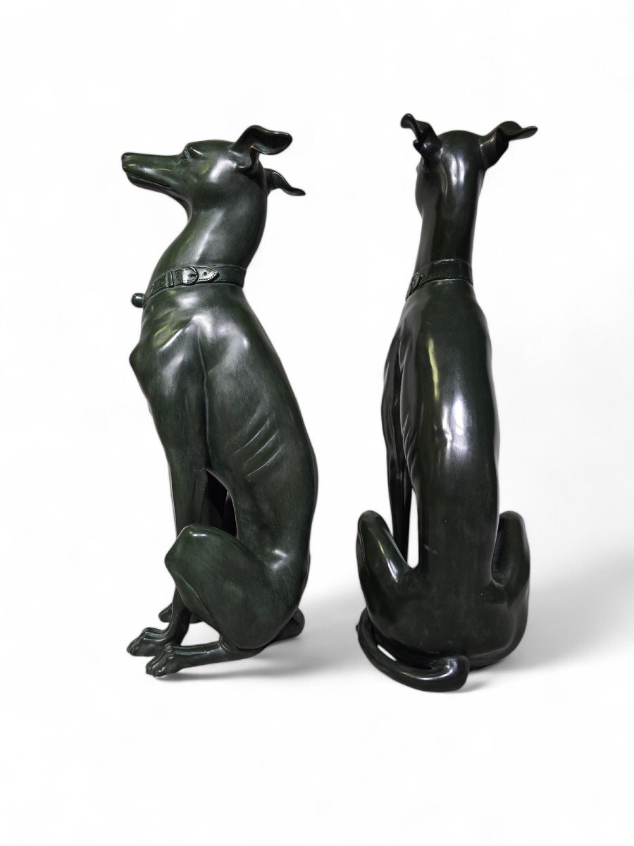 Elegant Pair Of 1950s Italian Greyhound Statues In Green Patinated Bronze-photo-4