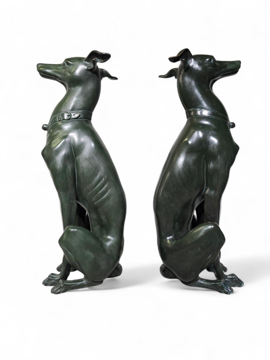 Elegant Pair Of 1950s Italian Greyhound Statues In Green Patinated Bronze-photo-5