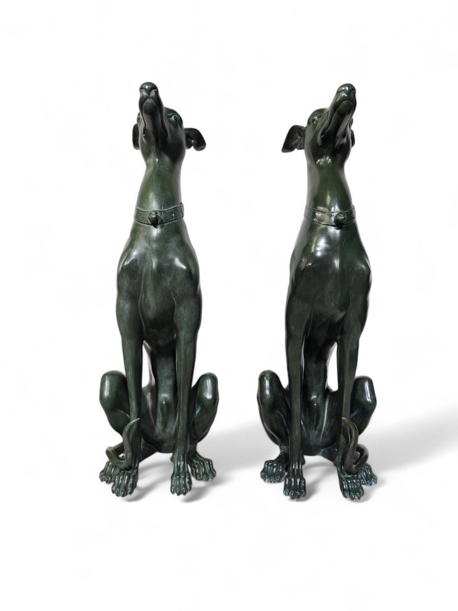 Elegant Pair Of 1950s Italian Greyhound Statues In Green Patinated Bronze-photo-6