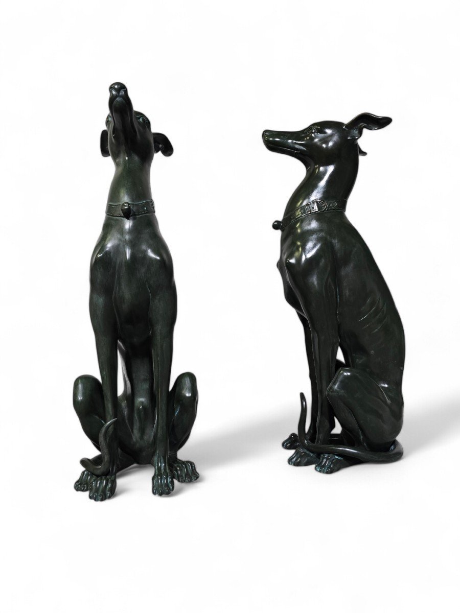 Elegant Pair Of 1950s Italian Greyhound Statues In Green Patinated Bronze-photo-7