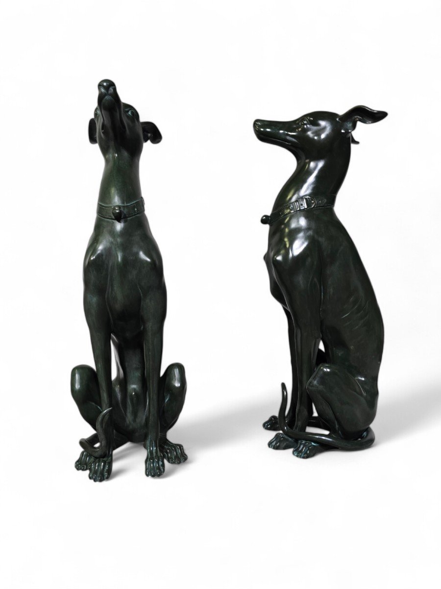 Elegant Pair Of 1950s Italian Greyhound Statues In Green Patinated Bronze-photo-8