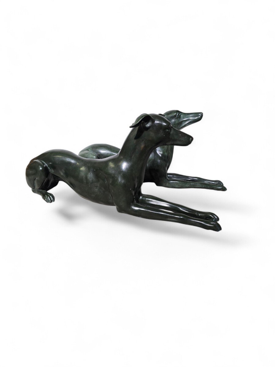 Pair Of Elegant 1950s Italian Greyhound Statues In Green Patinated Bronze-photo-3