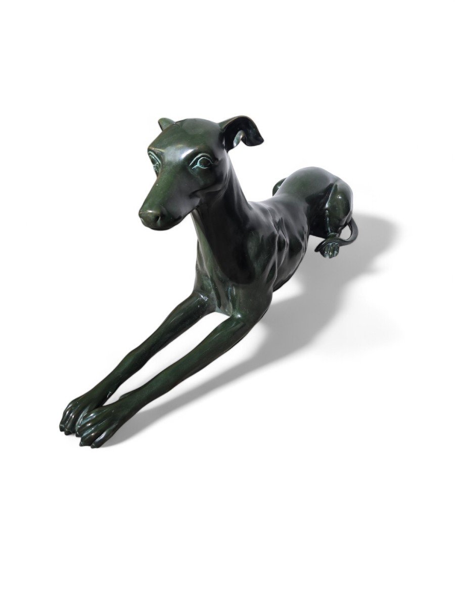 Pair Of Elegant 1950s Italian Greyhound Statues In Green Patinated Bronze-photo-4