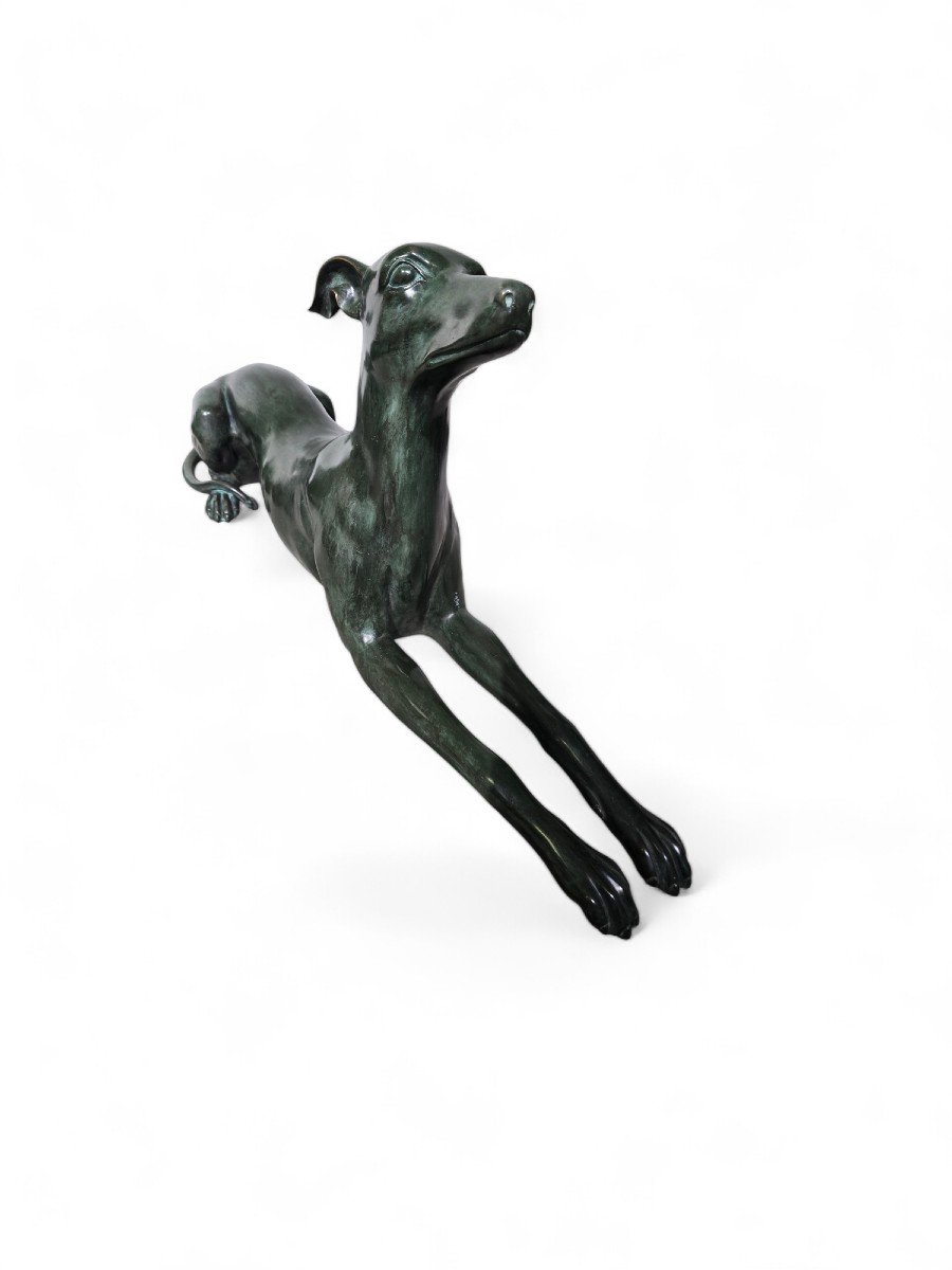 Pair Of Elegant 1950s Italian Greyhound Statues In Green Patinated Bronze-photo-1