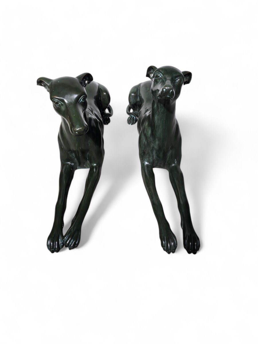 Pair Of Elegant 1950s Italian Greyhound Statues In Green Patinated Bronze-photo-5