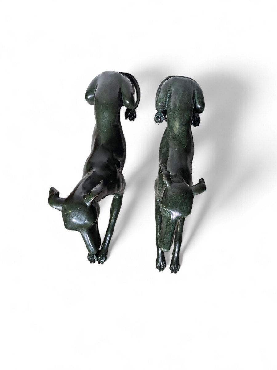 Pair Of Elegant 1950s Italian Greyhound Statues In Green Patinated Bronze-photo-6