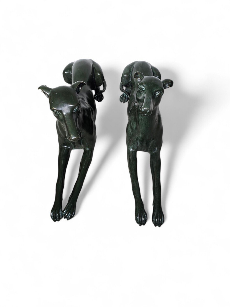 Pair Of Elegant 1950s Italian Greyhound Statues In Green Patinated Bronze-photo-8