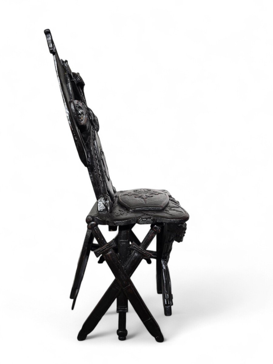 Grand Tour Military Trophy Chair In Carved Ebony Wood-photo-2