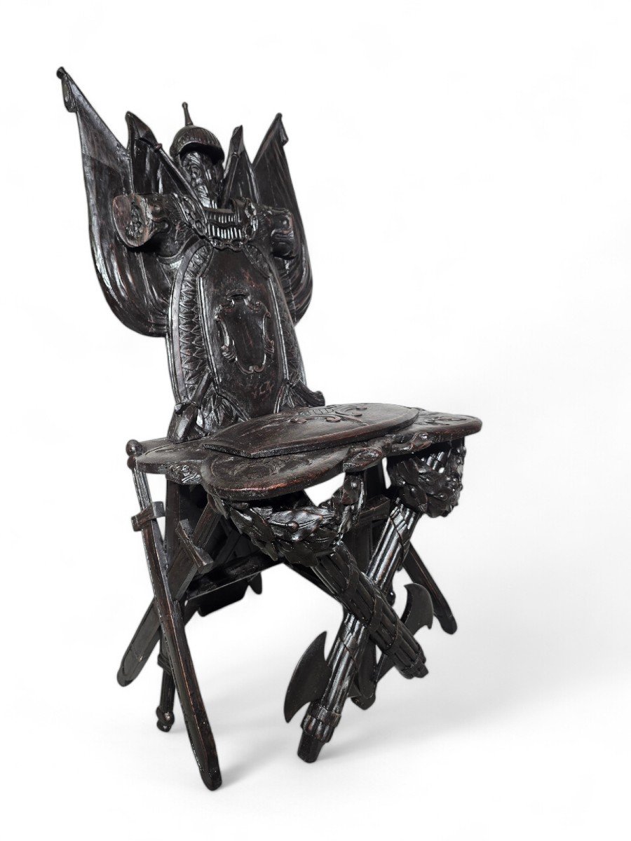 Grand Tour Military Trophy Chair In Carved Ebony Wood-photo-3