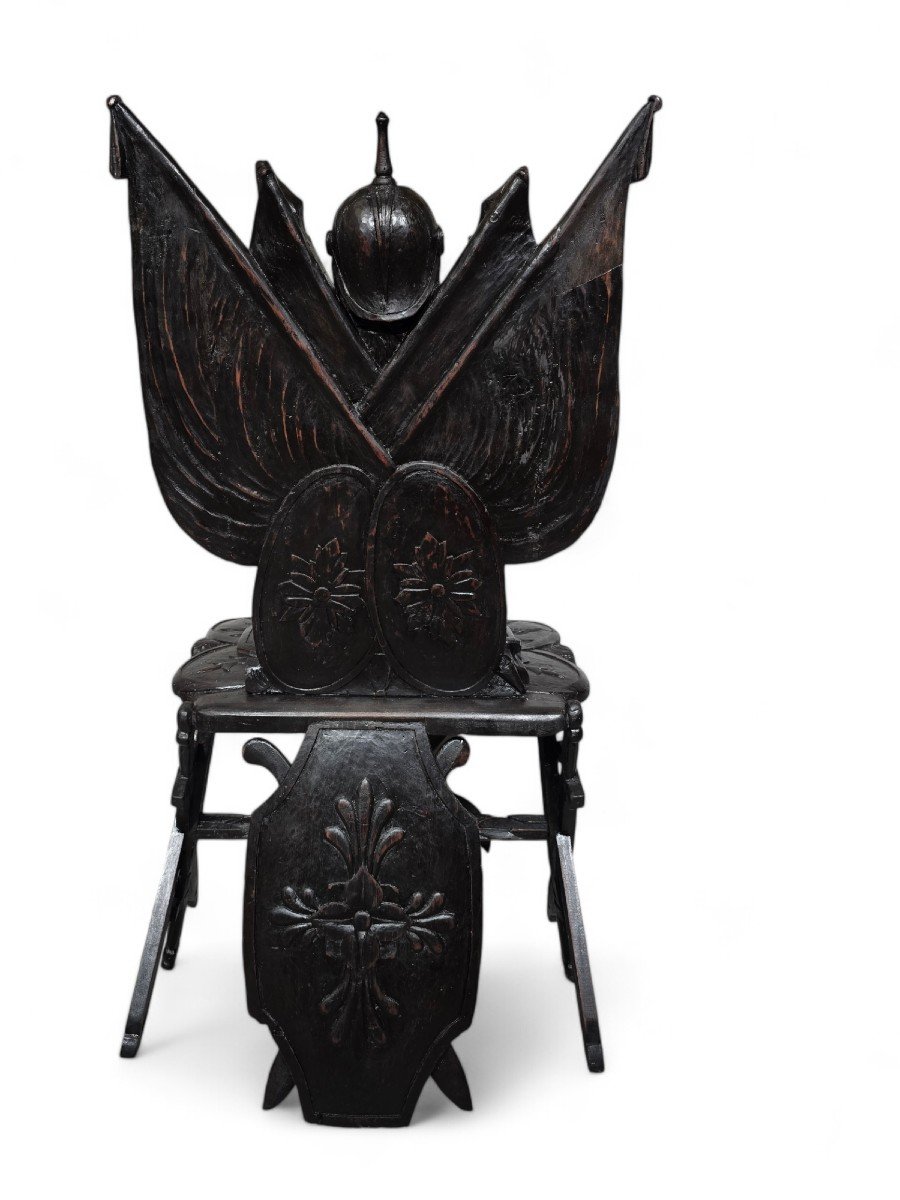 Grand Tour Military Trophy Chair In Carved Ebony Wood-photo-2