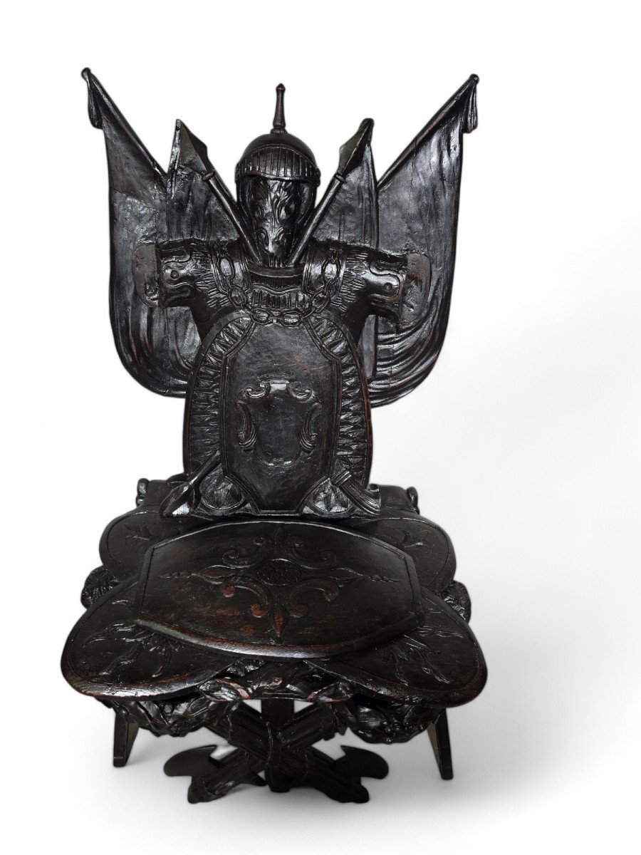 Grand Tour Military Trophy Chair In Carved Ebony Wood-photo-6