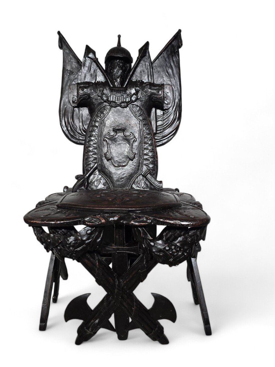 Grand Tour Military Trophy Chair In Carved Ebony Wood-photo-7