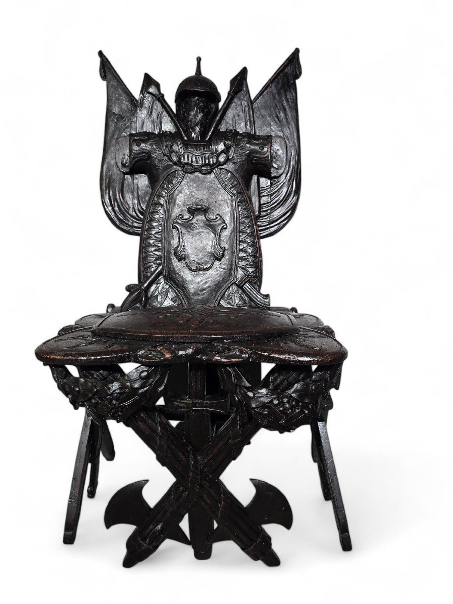 Grand Tour Military Trophy Chair In Carved Ebony Wood-photo-8