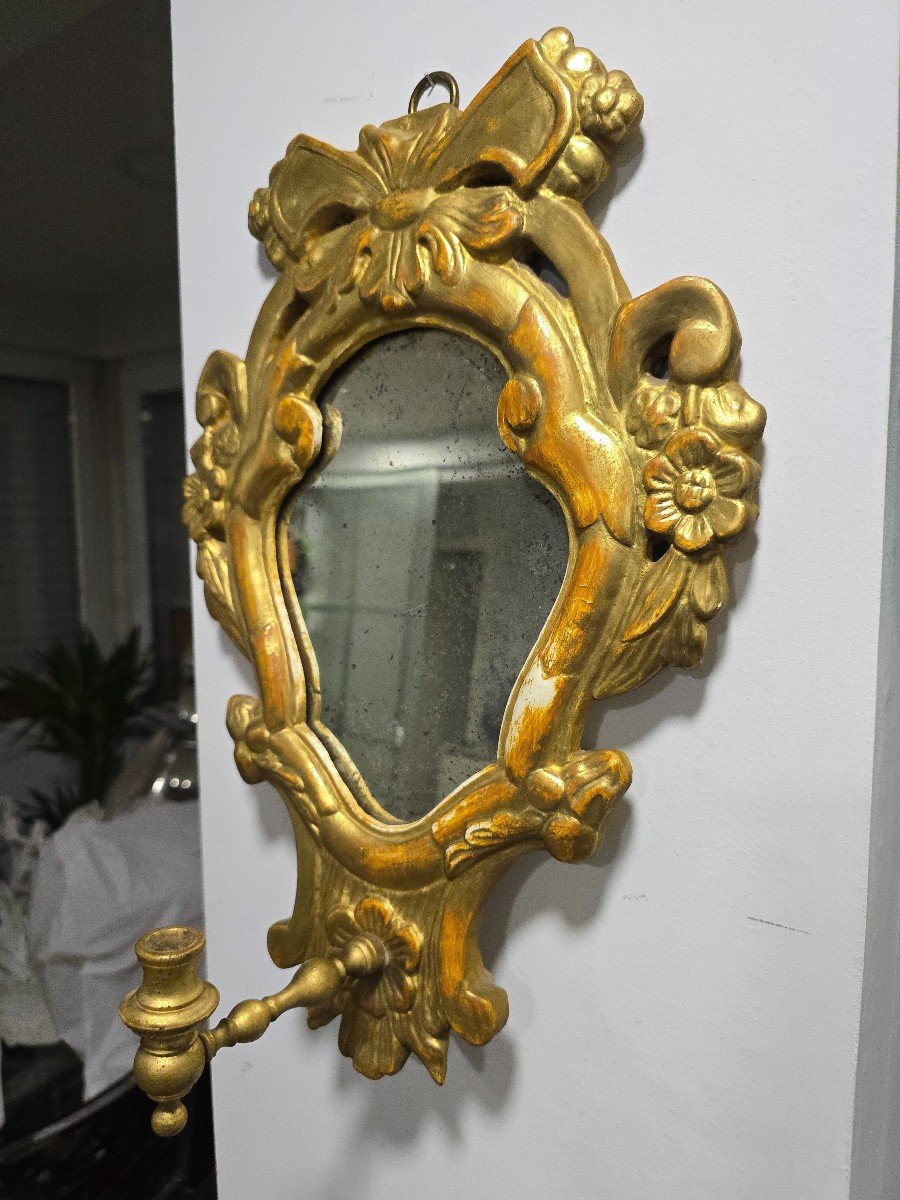 Small 19th Century Gilt Wood Cornucopia Mirror With Candle Arm-photo-2