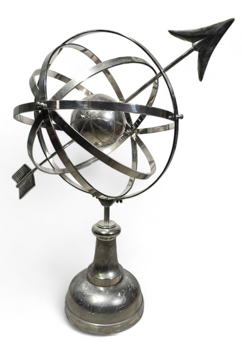 Grande Sphère Armillaire En Bronze Argenté – Années 1950 ET 115 CM-photo-1