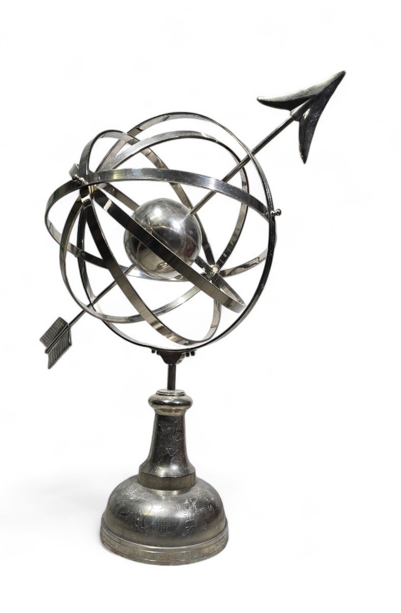 Grande Sphère Armillaire En Bronze Argenté – Années 1950 ET 115 CM-photo-2