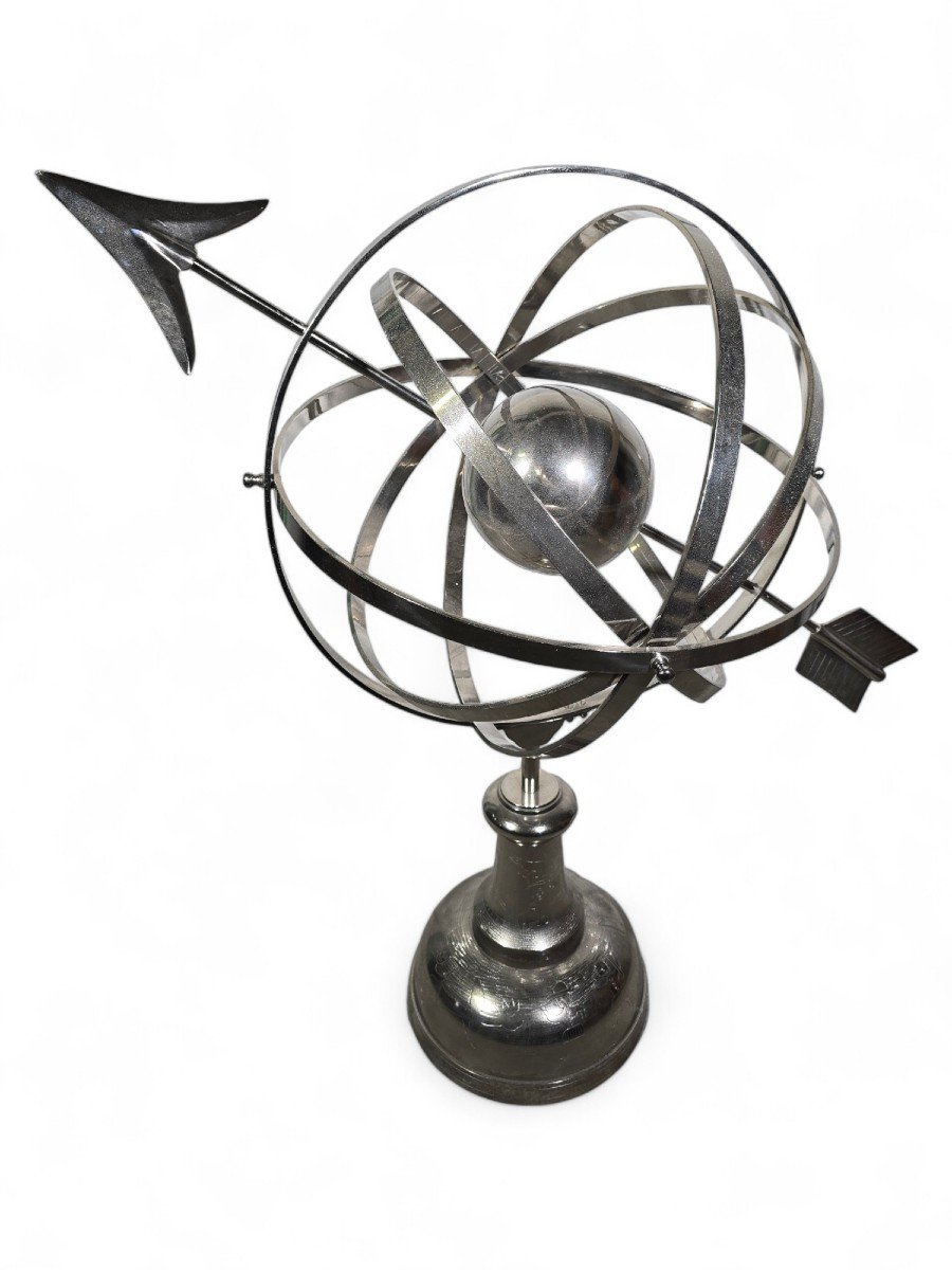 Grande Sphère Armillaire En Bronze Argenté – Années 1950 ET 115 CM-photo-3