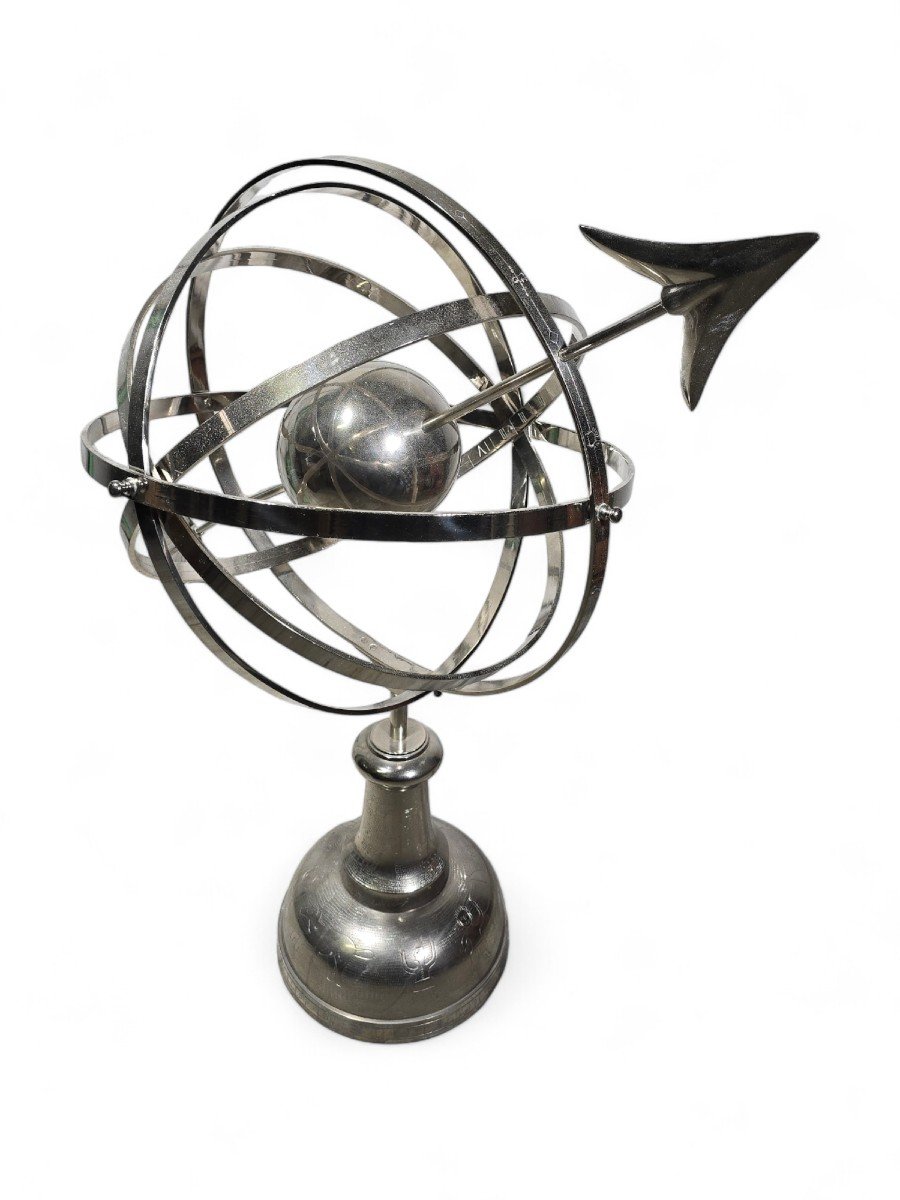 Grande Sphère Armillaire En Bronze Argenté – Années 1950 ET 115 CM-photo-4