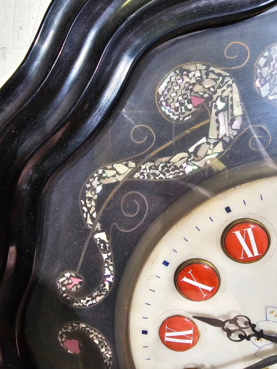 19th Century Wall Clock By J. Lozano, Madrid – Ebonized Wood With Mother-of-pearl Inlays-photo-2