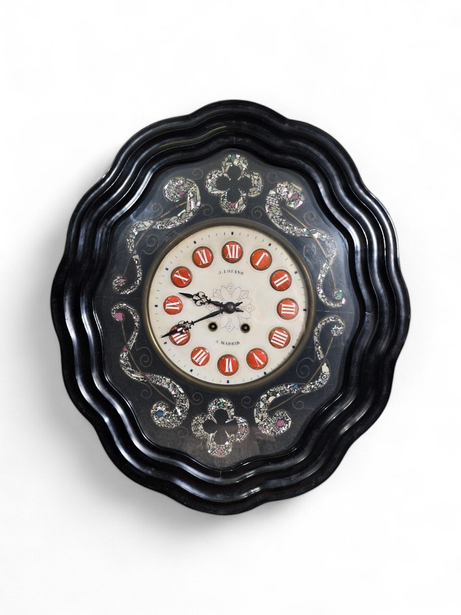 19th Century Wall Clock By J. Lozano, Madrid – Ebonized Wood With Mother-of-pearl Inlays-photo-8