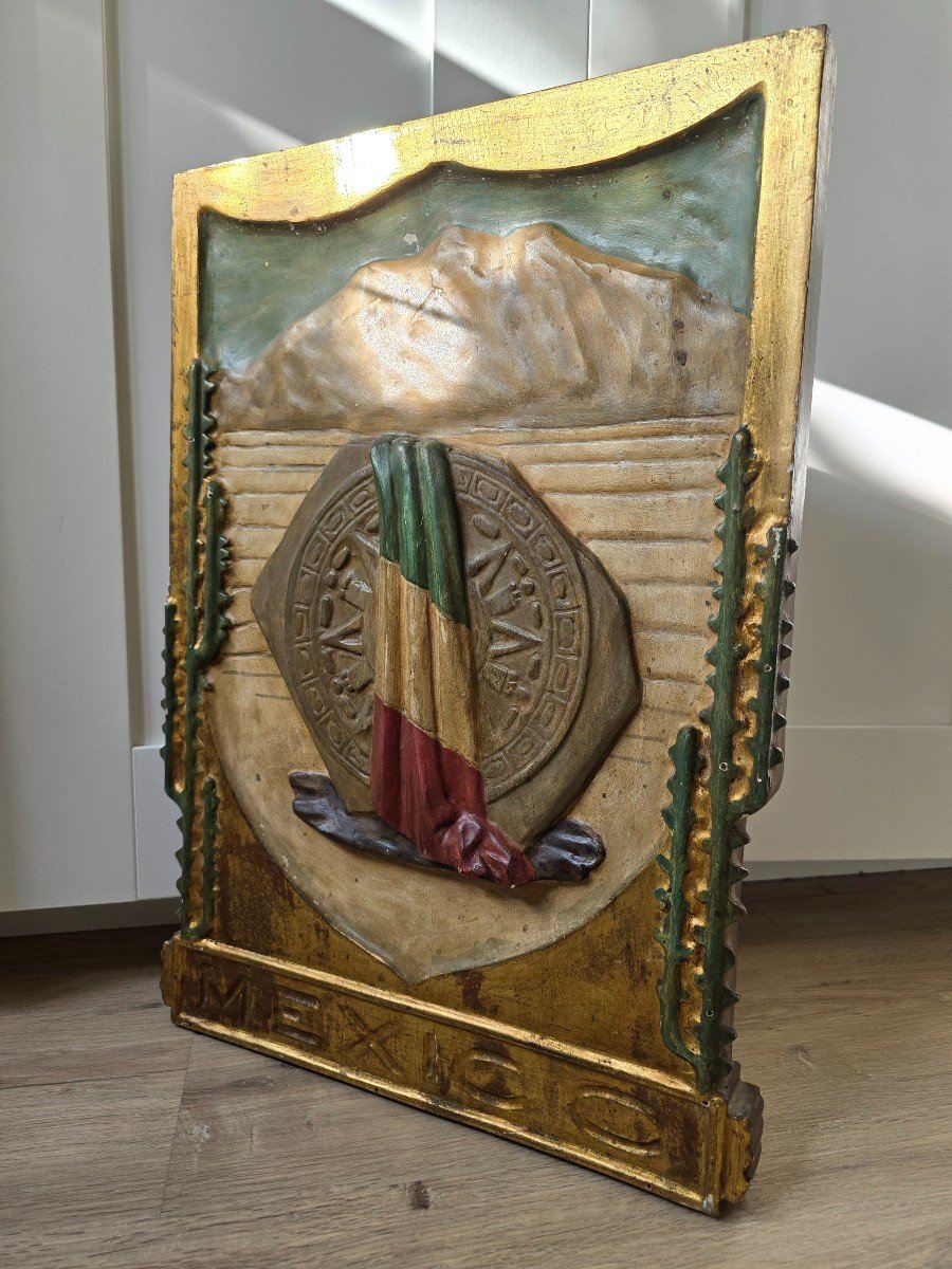 Early 20th Century Mexico Memorial Panel – Solid Wood Carved, Gilded And Polychromed-photo-4