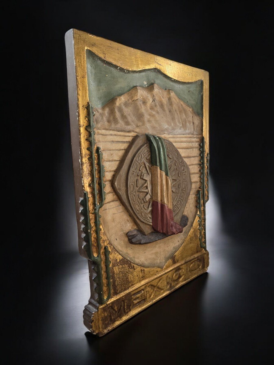 Early 20th Century Mexico Memorial Panel – Solid Wood Carved, Gilded And Polychromed-photo-3