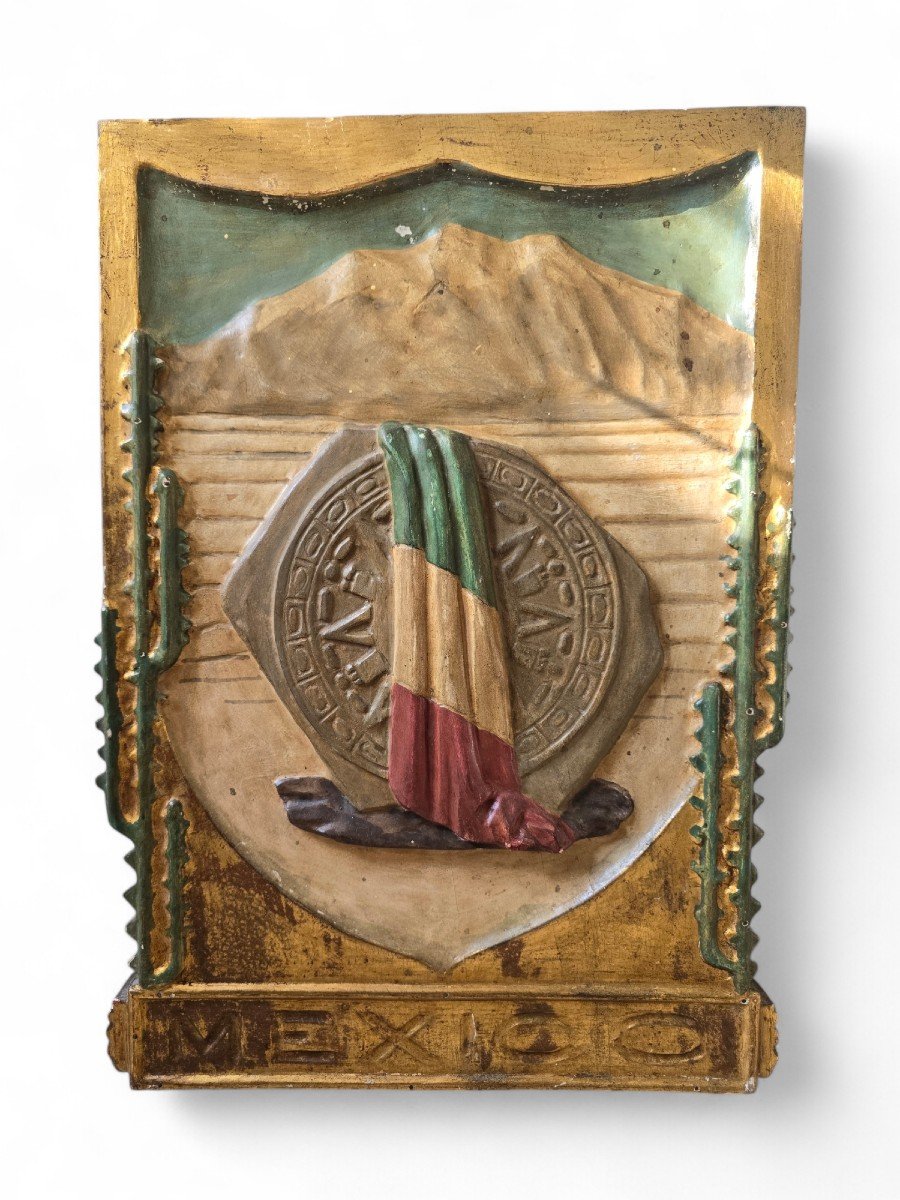 Early 20th Century Mexico Memorial Panel – Solid Wood Carved, Gilded And Polychromed-photo-4