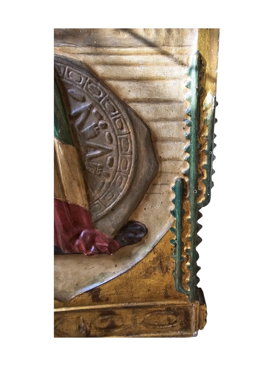 Early 20th Century Mexico Memorial Panel – Solid Wood Carved, Gilded And Polychromed-photo-5