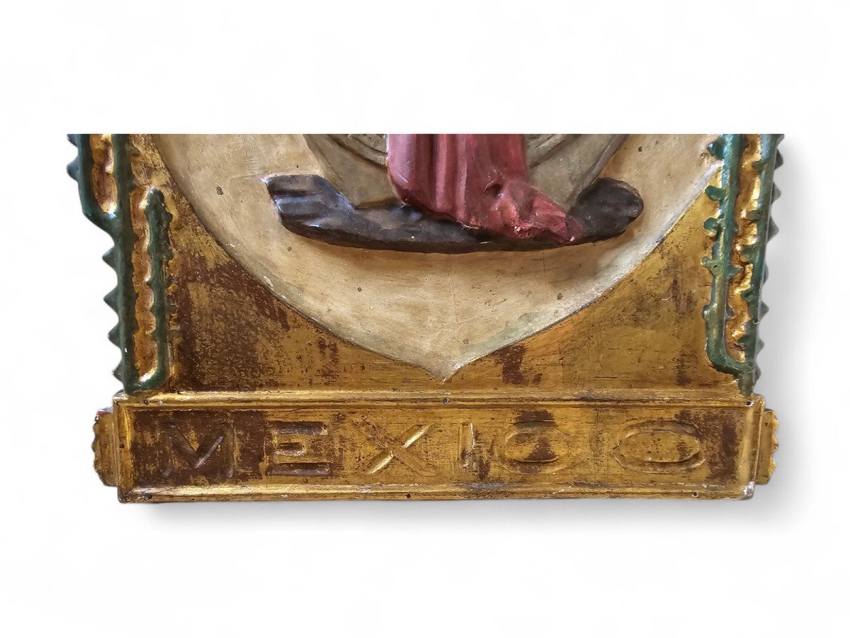 Early 20th Century Mexico Memorial Panel – Solid Wood Carved, Gilded And Polychromed-photo-6